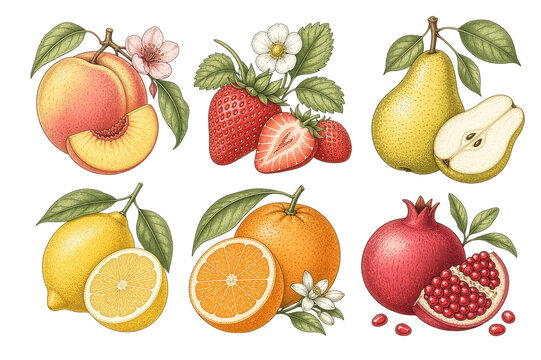 Vintage botanical fruit collection isolated on transparent background