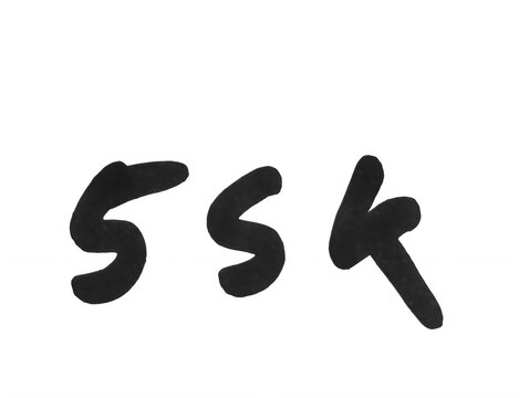Handwritten numbers 55k text written in black marker ink on paper isolated on transparent background