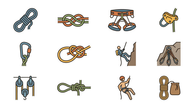 Climbing Gear and Knots Icons: Carabiner, Harness, Rope, Ascender, Pulley, Belay