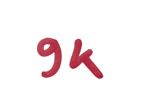 Handwritten red marker ink letters 9k on paper isolated on transparent background