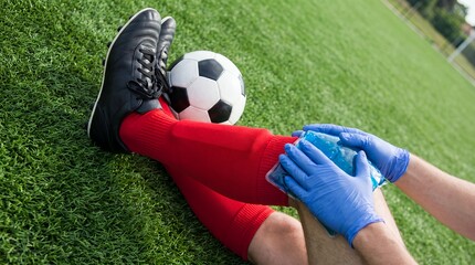 Obraz premium Sports Injury First Aid: Cooling Gel Pack on Football Player Knee