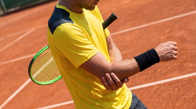 Sports Injury Concept: Athlete Clutching Arm with Tennis Elbow