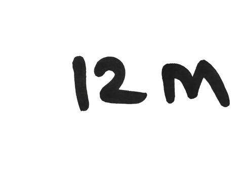 Handwritten text 12m written in black marker on a surface isolated on transparent background