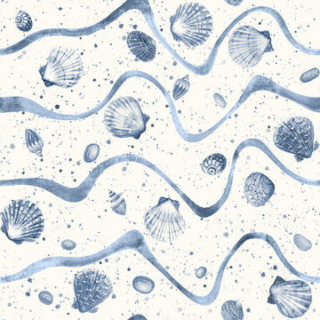 Watercolor Seashells and Wavy Ribbons Seamless Pattern