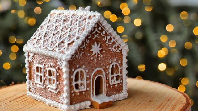 gingerbread house on a wood slice against a background of gold fairy lights.Spinning. Festive mood. 