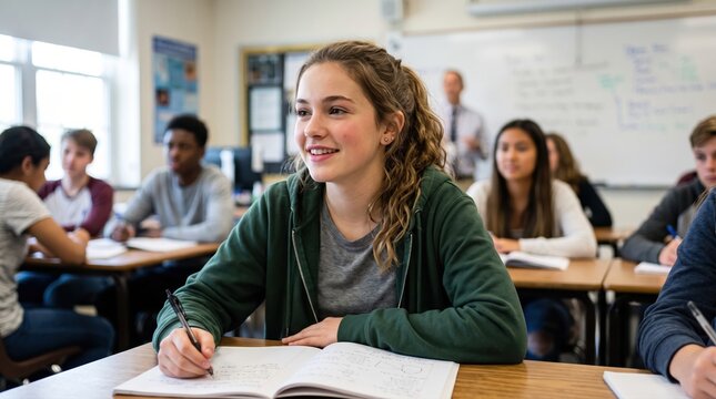 Student smiles while writing notes in class during a lesson in a classroom filled with classmates and a teacher