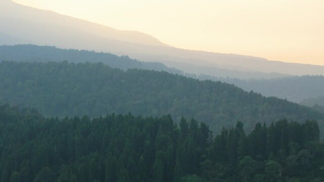 Aerial view of lush forested hills at sunrise in West Java, Indonesia.