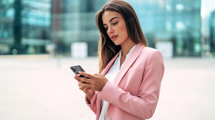 Fototapeta premium Businesswoman in a pink blazer using a smartphone outside a modern corporate building, representing digital communication, mobile productivity, and business technology.
