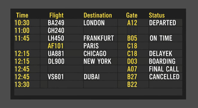 Airport flight information display board.