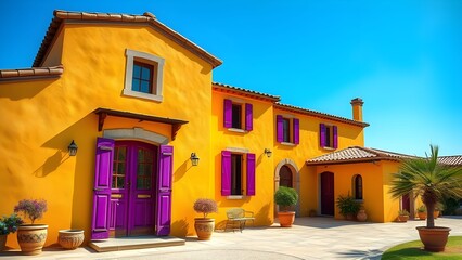 Fototapeta premium sunny day view of traditional mediterranean home architecture with purple doors and yellow stucco walls