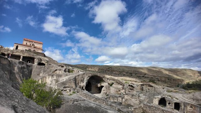 Uplistsikhe rock-hewn town. A significant archaeological site near Gori. Georgia. Features ancient caves and structures carved from rock in Georgia near Gori city