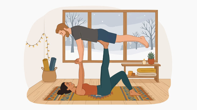 Couple practicing acro yoga indoors with a winter landscape visible through the window