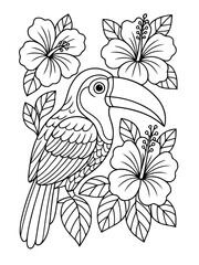 Naklejka premium Toucan Among Hibiscus Flowers: A line art illustration of a toucan perched amidst lush hibiscus flowers and foliage, ready to be brought to life with vibrant colors.