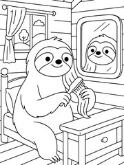 Fototapeta premium Cute Sloth Brushing Fur in Bedroom: An adorable sloth sits on a bed, diligently brushing its fur in front of a mirror, with a window showing a scenic outdoor view, all in a charming.