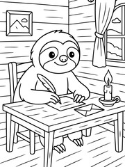 Fototapeta premium Sloth Writing a Letter: A cute sloth sits at a wooden desk, diligently writing a letter with a quill pen. A lit candle and an envelope sit on the desk.
