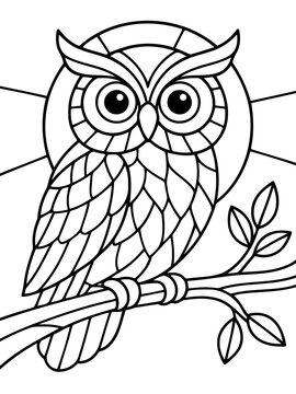Stained Glass Owl: An intricate line art illustration of an owl perched on a branch, designed in the style of a stained glass window.