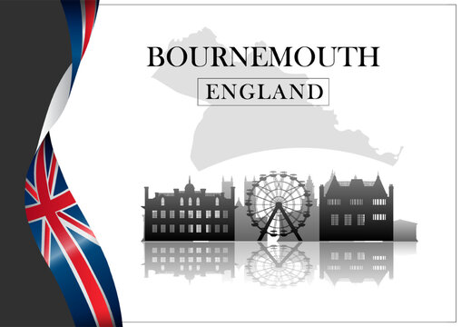 Bournemouth skyline with landmarks in grayscale on backdrop for travel concept. Vector illustration