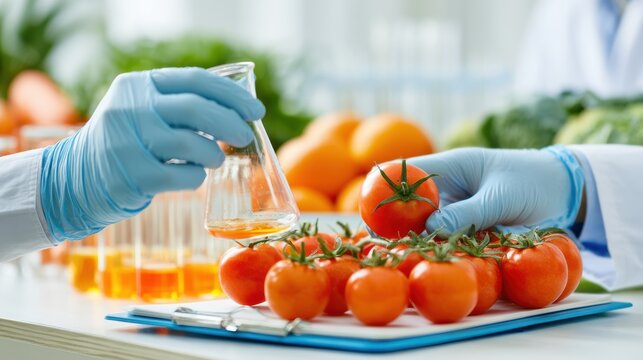 Scientist check chemical food residues in laboratory. Control experts inspect quality of fruits, vegetables. lab, hazards, ROHs, find prohibited substances, contaminate, Microscope, generate by AI