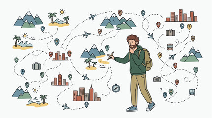 Naklejka premium Tourist Planning Route with Multiple Destinations and Map Paths Vector Illustration