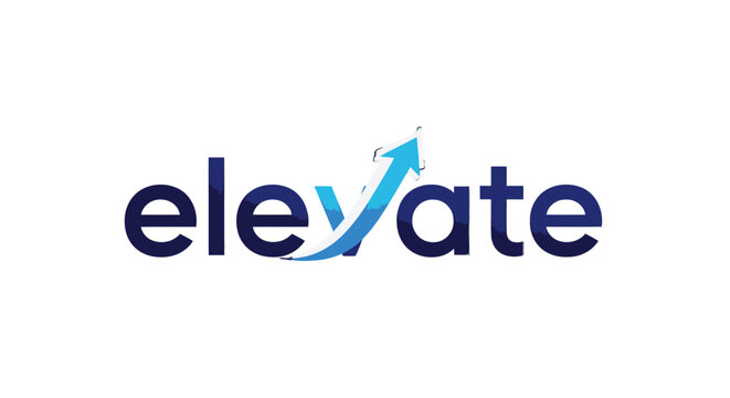 "elevate" Text Logo with Integrated Upward Blue Arrow Design on Isolated White Background