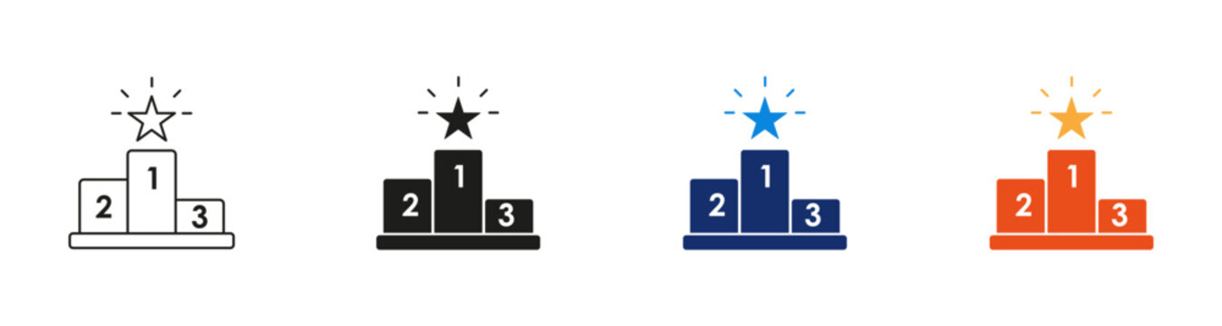  Winner podium icon set. Outline and colored award podium symbols representing first, second, and third place rankings, sports championships, competitions, achievements, and victory celebration.