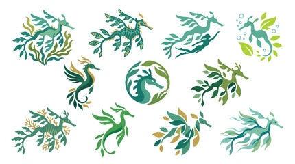 Collection of stylized sea dragons and seahorses with leafy appendages, rendered in shades of green and teal. © tr