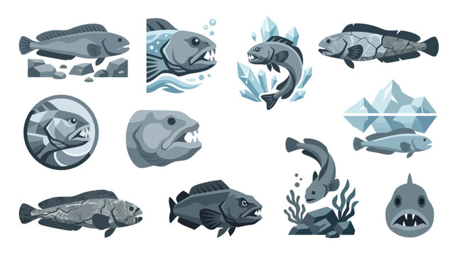 Collection of stylized illustrations of deep-sea anglerfish and other marine creatures in various poses and environments.