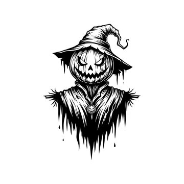 Halloween pumpkin scarecrow, spooky jack-o-lantern, creepy vector illustration, black and white