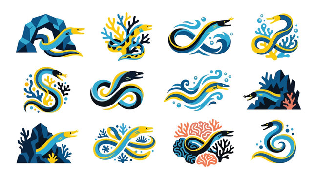 Set of stylized moray eels in various underwater scenes with coral and waves, depicted in a flat design style with blue, yellow, and black colors.
