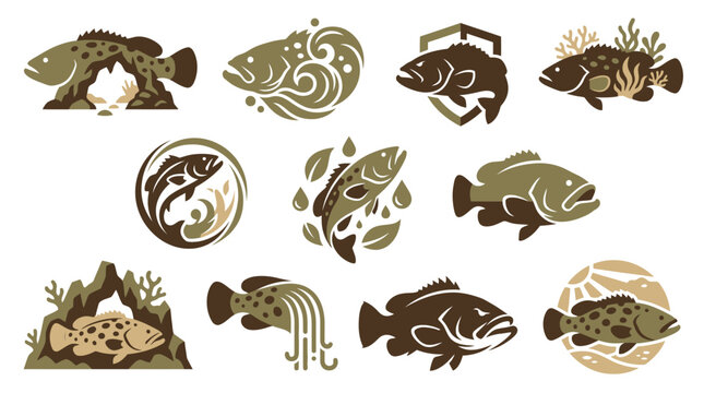 Collection of stylized fish illustrations, featuring various poses and decorative elements, suitable for logos and icons.