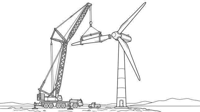 Wind Turbine Construction Coloring Page with Heavy Crane and Renewable Energy Concept