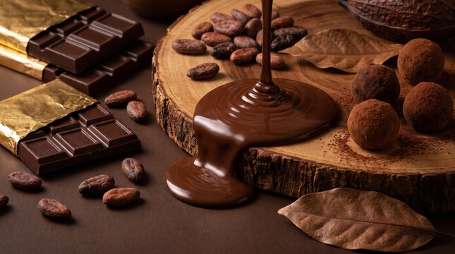 Liquid dark chocolate pouring onto a wooden board surrounded by cocoa beans, chocolate bars, and gourmet truffles
