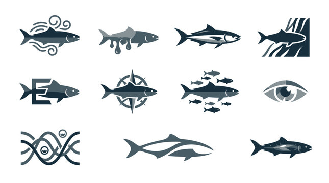 Collection of stylized fish icons and symbols representing various concepts and designs.