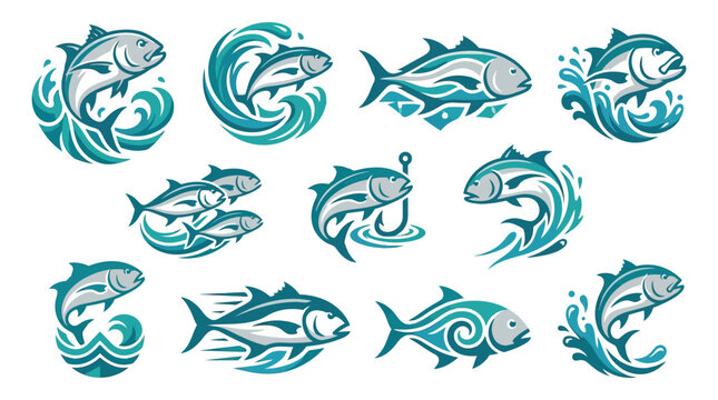 Collection of stylized fish illustrations in various poses with water waves and fishing hooks.