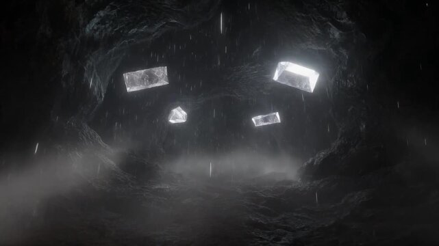 Abstract dark cave interior with glowing floating rectangular light panels and particles.