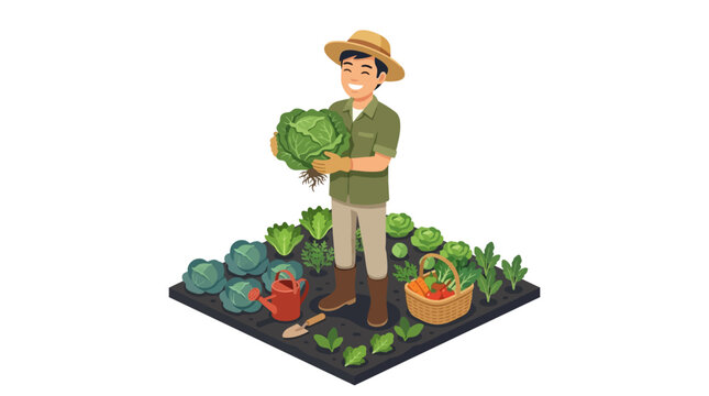 Happy Asian Farmer with Harvest Cabbage in Organic Garden Isometric Illustration