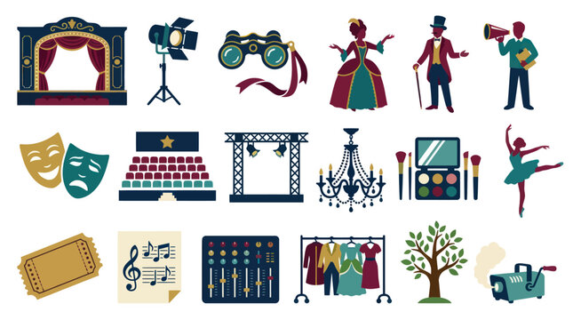 Theatre and Performing Arts Flat Vector Icons Set: Stage, Costumes, Music, and Entertainment Elements