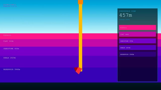 Digital drilling automation interface showing active subsurface probes descending through geological layers of soil and rock to monitor depths in this real time software display