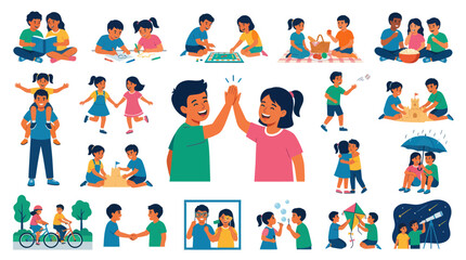 Fototapeta premium Diverse Children Activities Flat Style Vector Set - Childhood, Play, Friendship