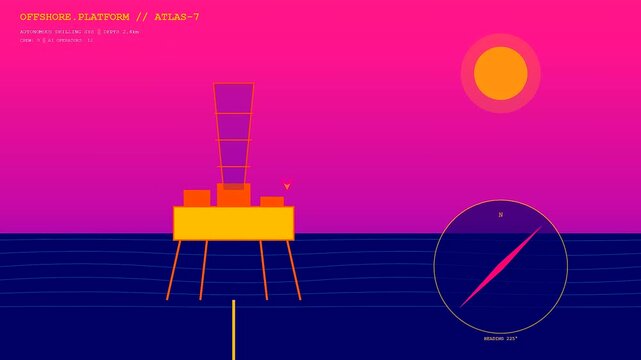 Drilling automation processes are visualized through a sequence of three moving oil rig interfaces displaying changing compass headings against a vivid purple and orange sky