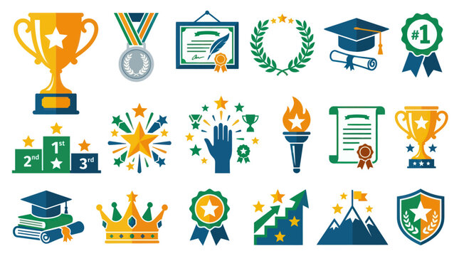 Modern Flat Icons: Education, Achievement, Success, and Award Symbols Vector Set