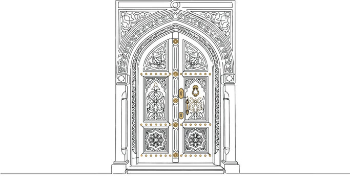 Doorway featuring intricate carvings and geometric patterns serves as a classic example of ornate architectural design.
