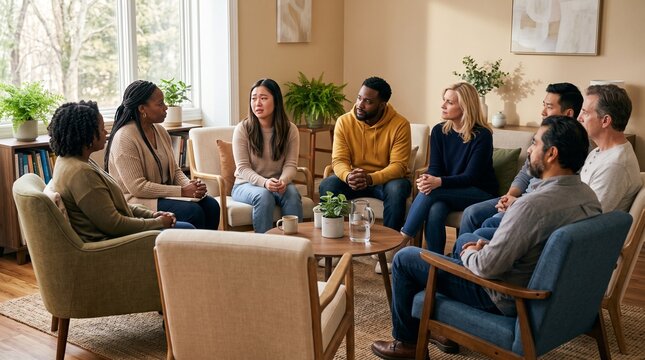 Diverse group of people sitting in a circle during a support group mee
