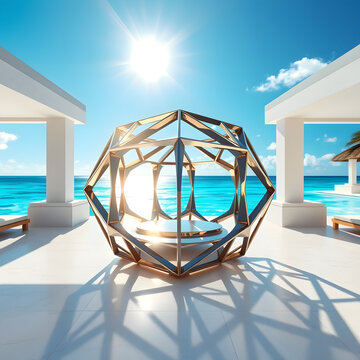 Modern gold geometric sculpture on luxury tropical resort terrace at midday