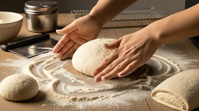 A person skillfully kneads dough on a floured surface in a kitchen for animation video purposes.
