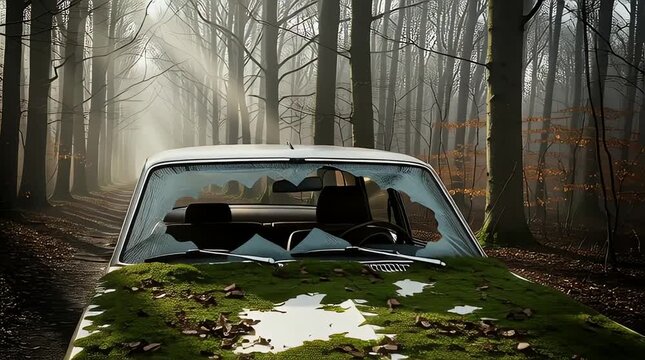 Abandoned car with broken windshield covered in moss and leaves on a misty forest road in a serene natural environment captured in a still animation video.