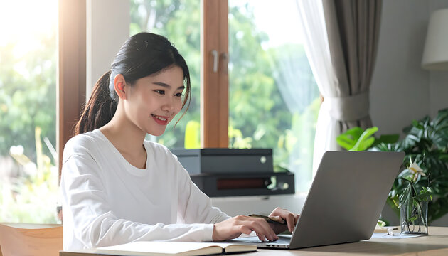 Young asian woman working on laptop at sunny home office, remote education and digital communication, productive lifestyle