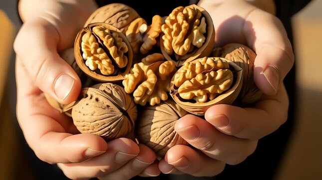 A person holds a handful of walnuts in their cupped hands for a video animation about healthy food.
