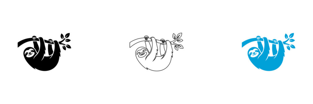 Sloth hanging from tree branch illustrations in black line art and blue