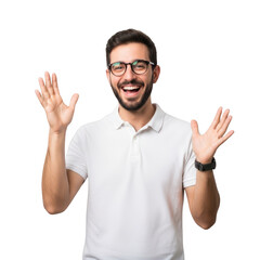 Fototapeta premium Happy young man with glasses laughing and waving his hands in joy